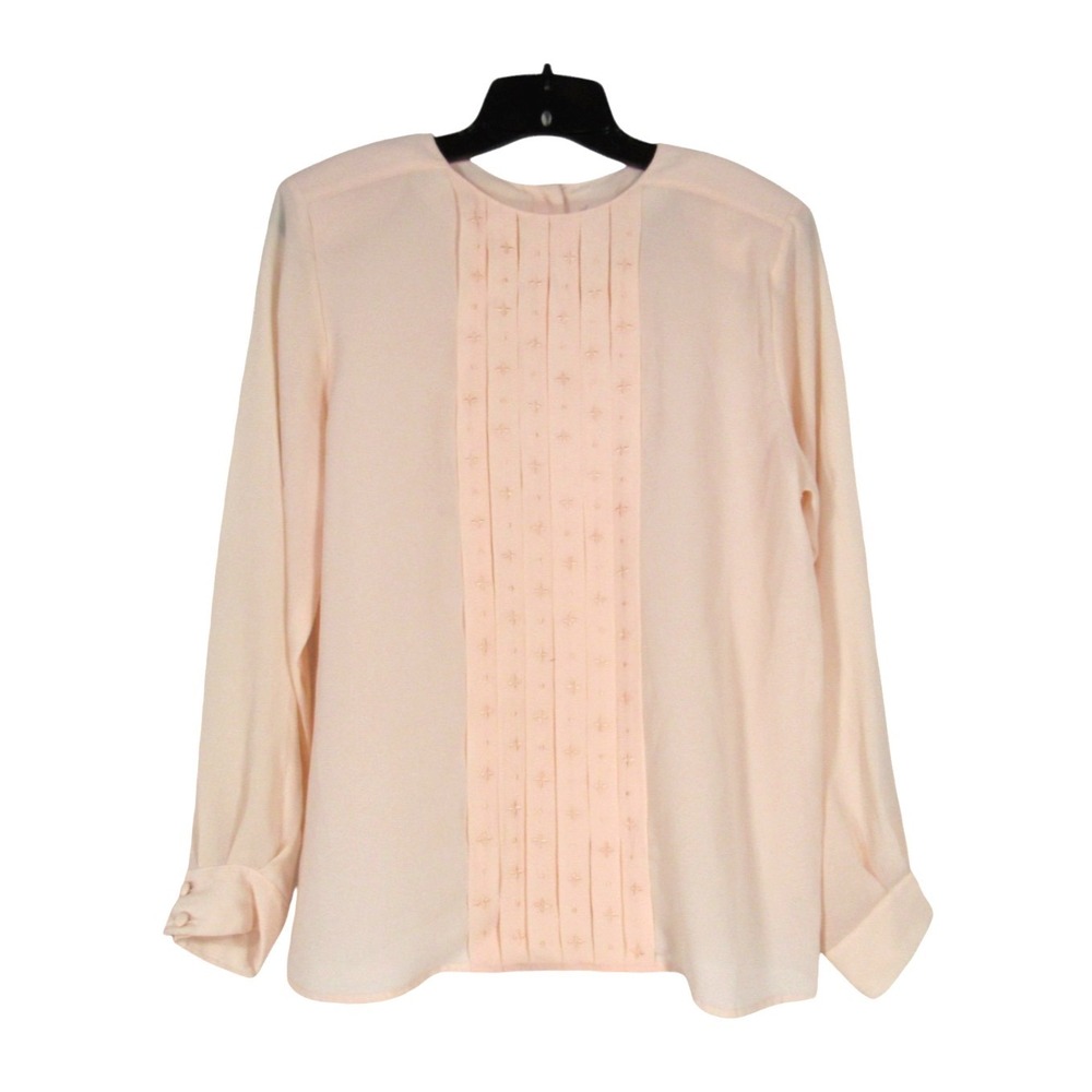 SHERIDAN SQUARE Thin CREPE Peach PLEATED CROSS EMBROIDERED Button BLOUSE/TOP 12